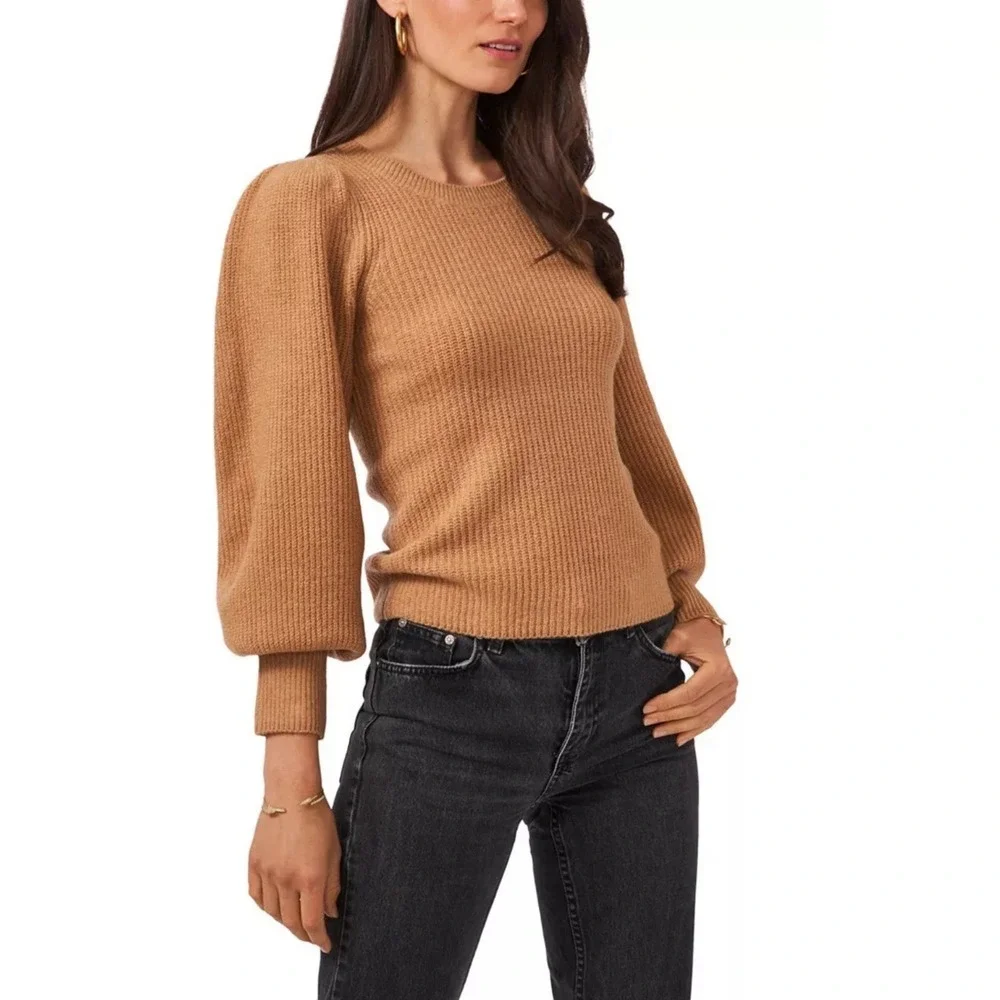 1. State Women's Balloon Sleeve Crew Neck Rib Sweater Small Beige Career Casual